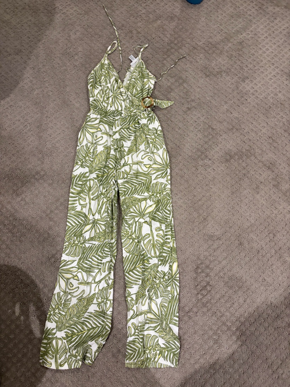 Green Leaf Print Womens Jumpsuit with Tie Waist